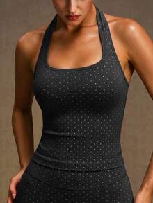 VVX Women Polka Dots Halter Neck Sports Crop Tank Top Removable Pads Sexy Backless Seamless Ribbed Workout Yoga Outdoor Gym Top Casual Soft - Black - View 2
