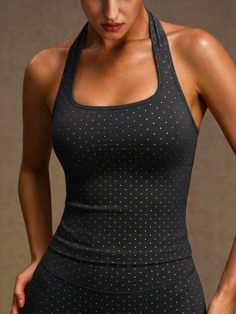 VVX Women Polka Dots Halter Neck Sports Crop Tank Top Removable Pads Sexy Backless Seamless Ribbed Workout Yoga Outdoor Gym Top Casual Soft
