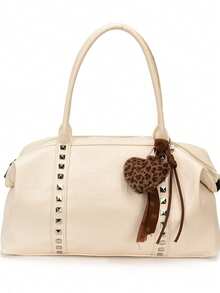 Tas Bahu Retro Wanita Kapasitas Besar, Tas Hobo Dekorasi Rivet Timbul Huruf dengan Liontin Hati Leopard, Tas Tote Kasual untuk Komuter - MultiWarna - View 16