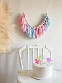 1 Set Macaron Color Yarn Tassel Garland, 1st Birthday High Chair Banner, Macaron Theme Birthday Decoration, Cake Smash Photo Props, Background Photo Props - Multicolor - View 3