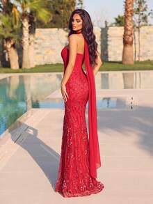 Women's Red Glitter Mermaid Evening Gown, Strapless Long Dress With Boned Design, Perfect For Prom And Formal Occasions - Red - View 2