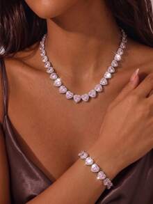 CVNANA 2pcs/Set Light Pink Heart-Shaped Cuban Chain Necklace & Bracelet Set, Unisex, Hip-Hop Style Jewelry Set, Suitable For Valentine's Day Gift, Birthday - Heart Shape - View 2