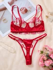 2pcs/Set Women's Black & Red Gothic Style Comfortable Breathable Embroidered Floral Lingerie Set, Christmas And Halloween Gift - Burgundy - View 7