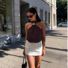 Women's Dark Brown Polka Dot Halter Neck Cold Shoulder Short Blouse, French Metal Buttons, Suitable For Summer Vacation - Coffee Brown - View 3
