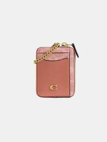 Coach Signature Canvas 拉鍊卡片包，女士金屬鏈條腕帶錢包，可愛女士手拿包零錢包 - 粉色 - 查看 2