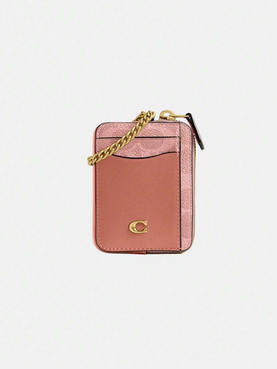 Coach Signature Canvas 拉鍊卡片包，女士金屬鏈條腕帶錢包，可愛女士手拿包零錢包