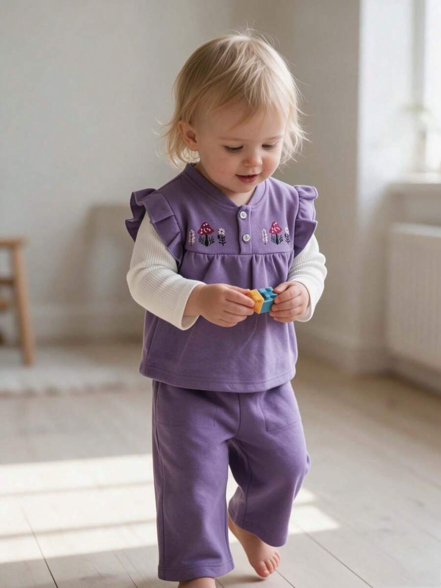 Baby Girls Sweet Purple Patchwork Long Sleeve 2 Pieces Set, Mushroom & Floral Embroidery Ruffle Trim Casual Outfit - Purple - View 1