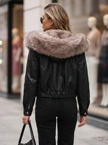 Women's Short Artificial Leather Jacket With Artificial Fur Hood, Zip Closure, Side Pockets - Black - View 3