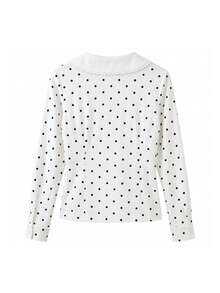 Women's Sweet Chic Fall Polka Dot White Blouse, Peter Pan Collar Button Down Long Sleeve Slim Fit Top For School, Date, Outings - White - View 9
