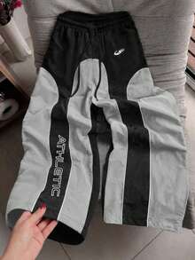 1pc Men's Black & Gray Colorblock Wide Leg Casual Pants, Elastic Waist With Drawstring Design, Line & Colorblock Design, Letter Print, Drawstring Waistband, Elastic Waistband, Multiple Colors, Couple Gift, Men's Long Pants, Gift For Boyfriend - Multicolor - View 3