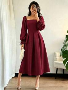 Elegant Women's Burgundy Square Neck A-Line Midi Dress With Long Pleated Ruffle Sleeves, Suitable For Autumn Formal Occasions (Holiday Red) - Burgundy - View 3