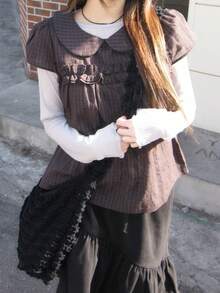 Japanese Style Elastic Waist Asymmetrical Ruffle A-Line Skirt - Black - View 7