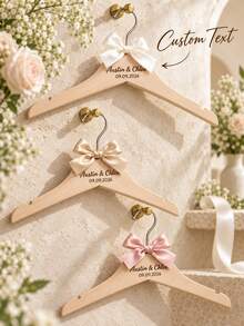 1pc Personalized Engraved Wedding Wooden Hanger, Custom Names & Date Bridal Dress Hanger With Satin Ribbon Bow, Wedding Keepsake, Bridal Shower Gift For Bride, Wedding Photo Prop - Multicolor - View 3