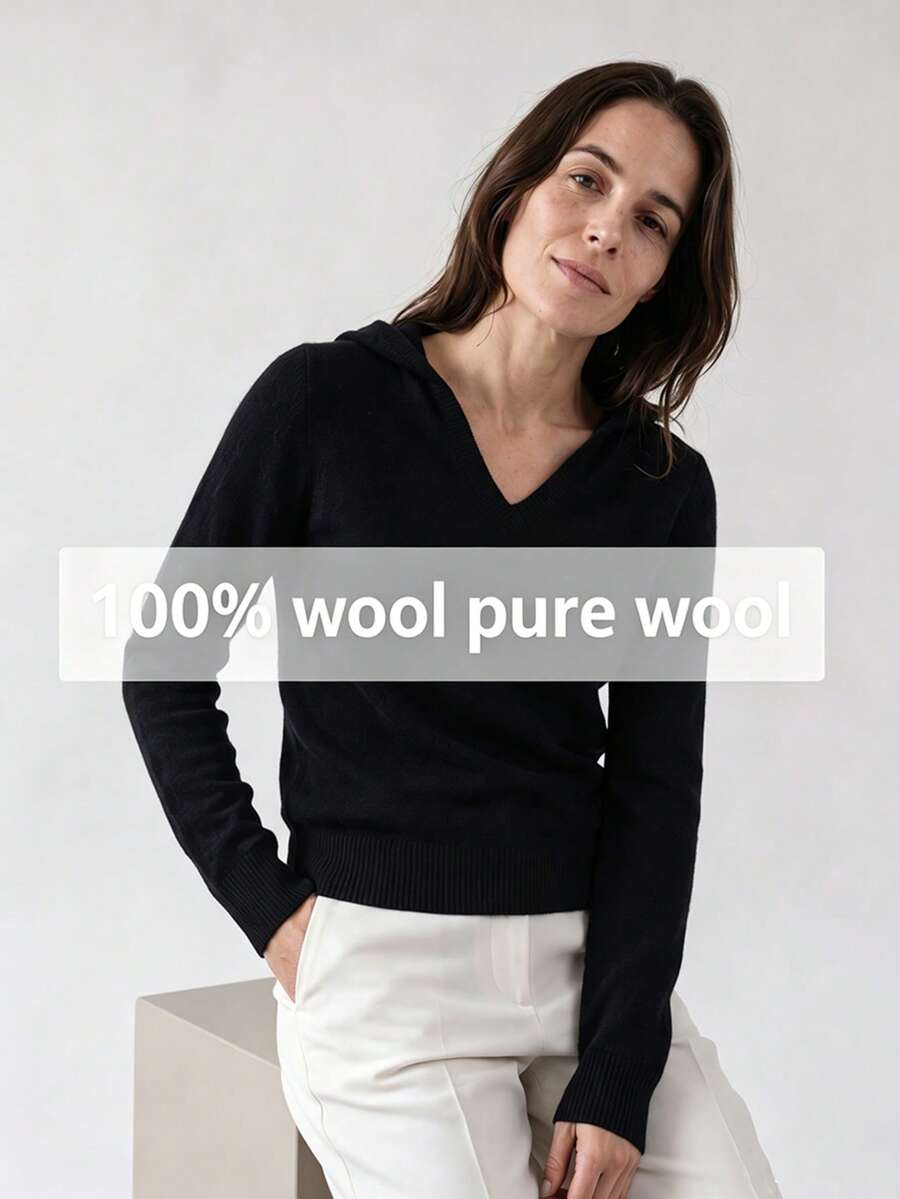 Cardigan Rajut Panjang Slim Fit Gaya Prancis Musim Gugur/Dingin Terbaru 100% Wol Murni Ramah Kulit untuk Wanita, Sweater Berkerudung, Sweater Rajut Hitam Murni, Cardigan Pullover - Hitam - View 1