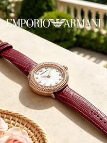 Armani Women's Leather Strap Wristwatch, Round Textured Bezel, Mother Of Pearl Dial, Crystal Hour Markers, Analog Quartz Watch, Party, Date, Wedding, Gift For Her - one-size - View 6