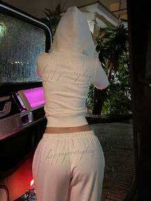 Women's Elegant Vacation Zipper Long Sleeve Hooded Sweatshirt And Sequin Long Pants Streetwear Set - White - View 2