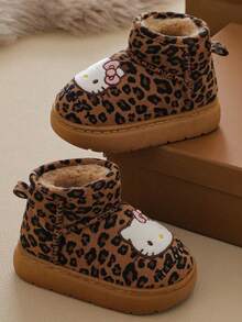 Hello Kitty Girls' Leopard Print KT Plush Boots, Autumn/Winter Thick Thermal Lined Soft Sole Warm Cute Snow Boots - Brown - View 2