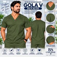 Blusa Scrub Masculina Gola V com Bolsos Uniforme Hospitalar Profissional P ao GG - Verde Militar - Visão 2