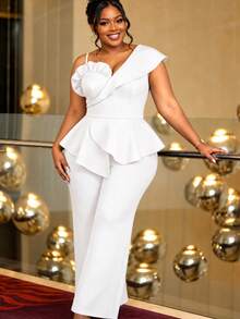 Plus Size White Elegant Ruffled Jumpsuits Sleeveless V Collar Top Spaghetti Strap Peplum Waist Wide Leg Pants Slim Fit Evening Party Rompers - White - View 3
