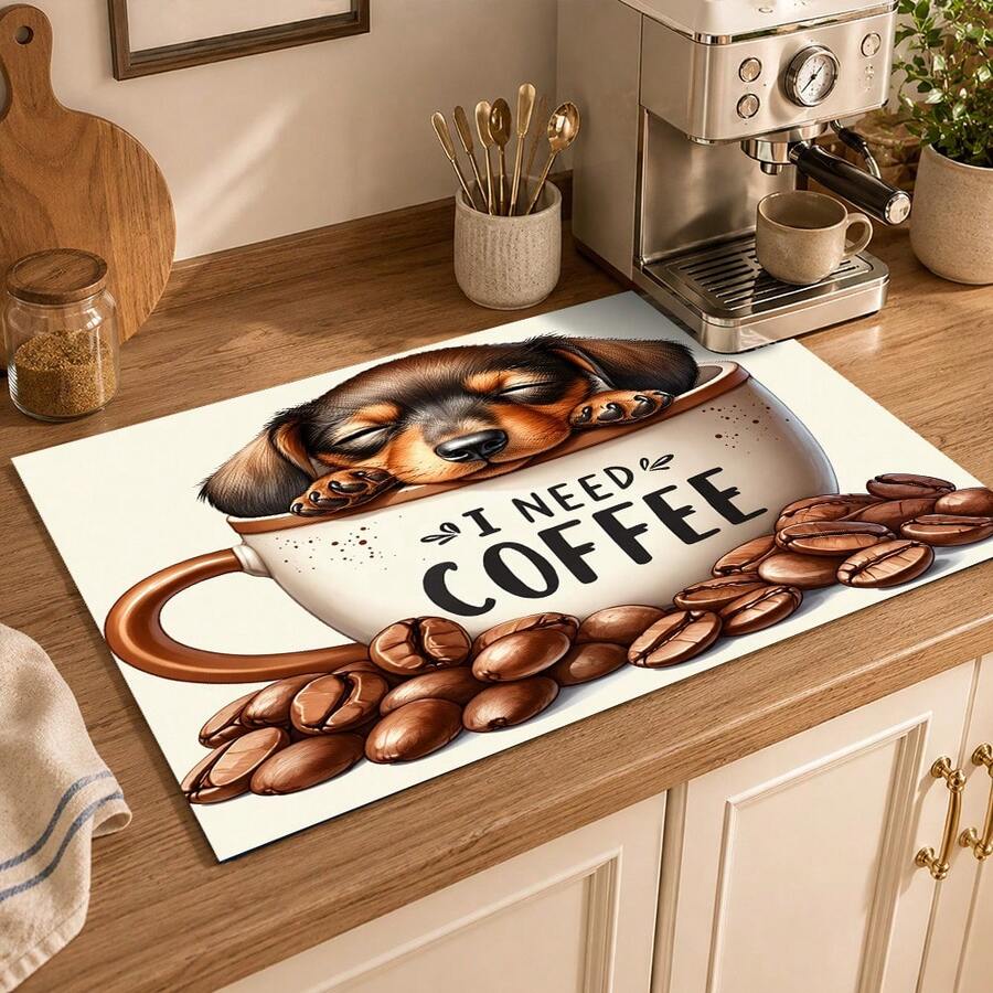 1pc Puppy Coffee Theme Kitchen Table Mat, Cute Pet Dog Coffee Cup & Coffee Bean Print Placemat, Coffee Table Mat, Coffee Machine Countertop Mat, Coffee Bar Desktop Decor Mat, Kitchen Dining Home Decor - Multicolor - View 1