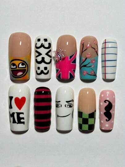 24 pièces Faux ongles de forme cercueil moyen long avec design de visage de dessin animé amusant en noir & blanc, le set comprend : 1 pièce de colle gelée et 1 pièce de lime à ongles, ongles d'automne, ongles 2010 et ongles de dessin animé et ongles marron convenant aux filles et aux femmes pour une utilisation quotidienne au travail