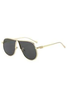 1pc Women's Vintage Aviator Fashion Glasses, Oversized Metal Frame + Letter Decoration, Suitable For Daily Use - Gold Frame Black and Gray Film - View 4