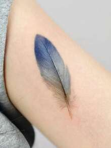 1pc Temporary Tattoo, Watercolor Gradient Blue And Brown Feather Pattern, Realistic Fake Tattoo Design, For Daily, Bachelorette Party Favors, Music Festival, Game, Graduation Gift, Lasts 3-5 Days - Multicolor - View 4