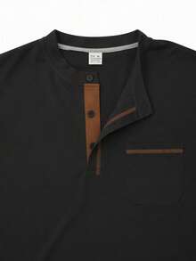 Men's Spring/Autumn New Casual Minimalist Henley Collar Long Sleeve Top, Suitable For Daily Commute And Vacation Wear - Black - View 6