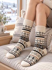 1/5 Pairs Random Women's Mid-Calf Socks, Multi-Color Diamond Snowflake Striped Print Ribbed Detail Comfortable Warm Vintage Preppy Style Socks Suitable For Christmas And Back To School Season Outfits - Multicolor - View 2