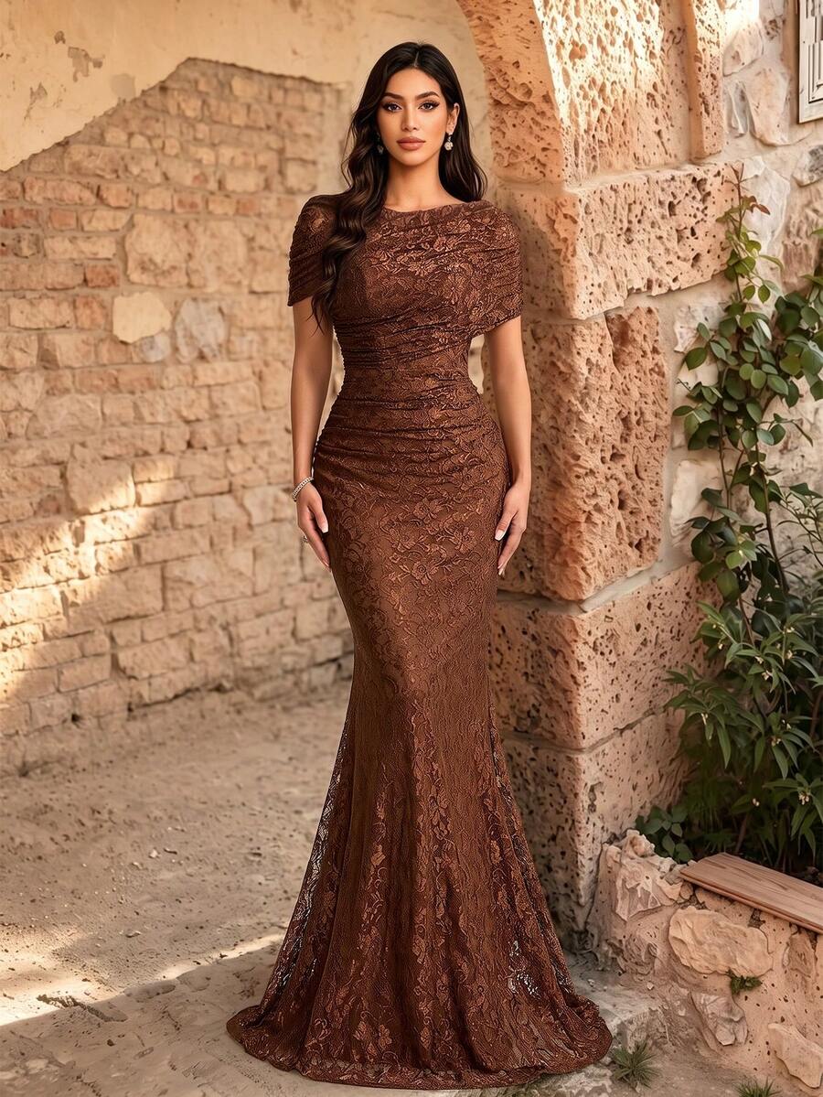 Fall Winter Elegant Asymmetrical Draped Short Sleeve Floral Lace Maxi Dress, Solid Color Ruched Bodycon Mermaid Long Gown For Wedding Party Festival - Coffee Brown - View 1