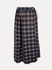 Women's Elegant Plaid Long Skirt, Polyester Material, Flared Hem Design, Fashionable Knot Detail, Perfect Autumn Outfit - Navy Blue - View 7