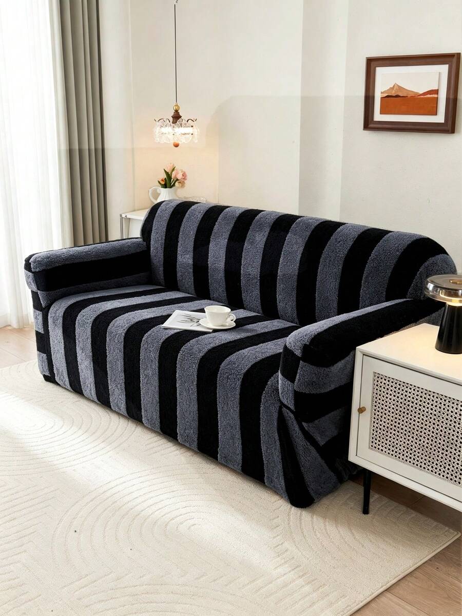1P Kontrast Vertikal gestreifter Plüsch Sofaüberzug, Kationischer Stoff Vollstretch Hohe Elastizität Sofa Schutz, Maschinenwaschbar, Chemisch Reinigbar, Handwaschbar, Heimdekoration Sofaüberzug, Wohnzimmer Minimalistisch Weiche Einrichtung, Dunkel- und Hellgrau Vertikal gestreifter Sofaüberzug, Geeignet für 1/2/3/4-Sitzer Sofas, Herbst/Winter Dicker Sofaüberzug