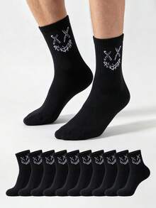 5 Pairs Men's Mid-Calf Socks, Black Printed Pattern, Street Dark Style, Comfortable And Versatile - Multicolor - View 1