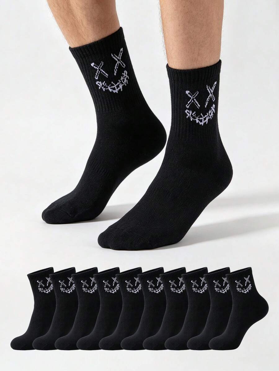 5 Pairs Men's Mid-Calf Socks, Black Printed Pattern, Street Dark Style, Comfortable And Versatile - Multicolor - View 1