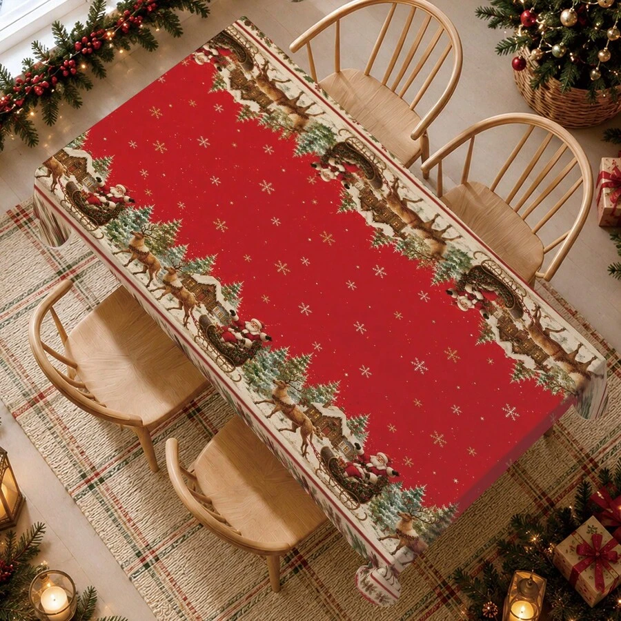 1pc Christmas Winter Santa Village Snow Scene Pattern Tablecloth, Stain-Resistant Dining Table Decor Cloth, Suitable For Kitchen, Dining Table, Coffee Table, TV Stand, Entryway, Party Holiday Decoration, Home Decor, Christmas Gathering - Multicolor - View 1