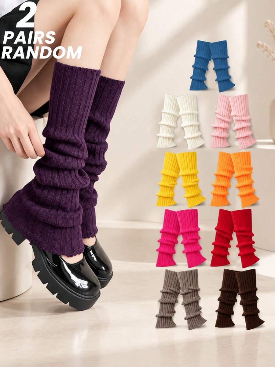 Random 2 Pairs Autumn/Winter Knitted Slouch Leg Warmers For Women, Solid Color Ribbed Elastic Warm Multi-Color Leg Warmers, Minimalist Style Daily Commute Versatile Leg Warmers - Multicolor - View 1