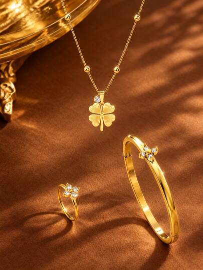 1pc Elegant Style Four-Leaf Clover Inlaid Glass Stainless Steel Women's Jewelry Set Suitable For Dating/Party Wear