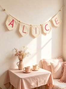 1pc Personalized Custom Name Banner, Handmade Crochet Yarn Letter Hanging Flag, Bohemian Style Neutral Linen Wall Hanging Decor, Birthday Party Decoration, Customizable Multi-Color Name Triangle Flag Bedroom Wall Decor, Commemorative Gift - Multicolor - View 4