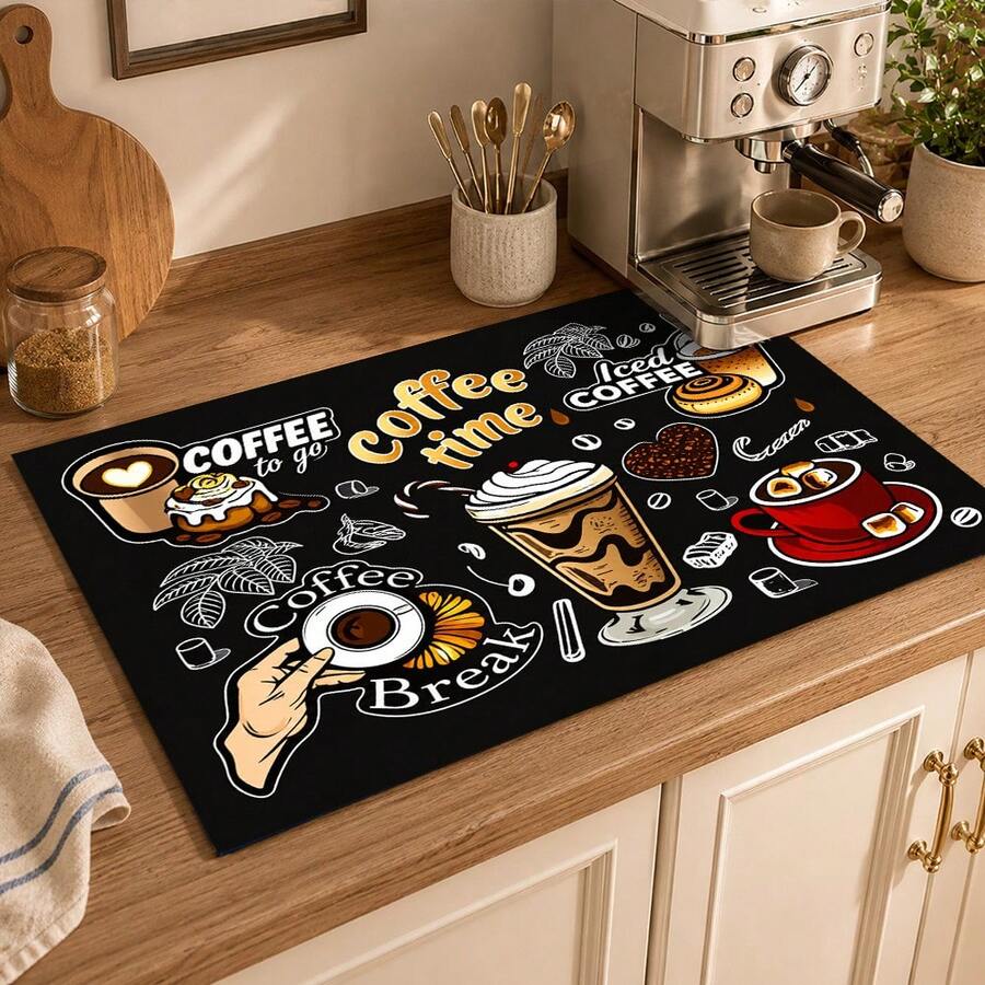 1pc Black Coffee Theme Printed Kitchen Drain Mat Table Mat, Coffee Time Coffee Cup Iced Coffee Coffee Bean Text Pattern Dining Table Mat, Coffee Machine Countertop Mat Bar Countertop Decor Mat, Home Kitchen Dining Room Coffee Corner Home Decor - Multicolor - View 1
