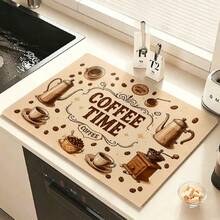 1pc Vintage Coffee Time Print Kitchen Dish Drying Mat, Coffee Pot Coffee Cup Coffee Bean Grinder Pattern Table Mat, COFFEE TIME Text Coffee Machine Countertop Mat, Home Kitchen Dining Room Coffee Bar Desktop Decor - Multicolor - View 6