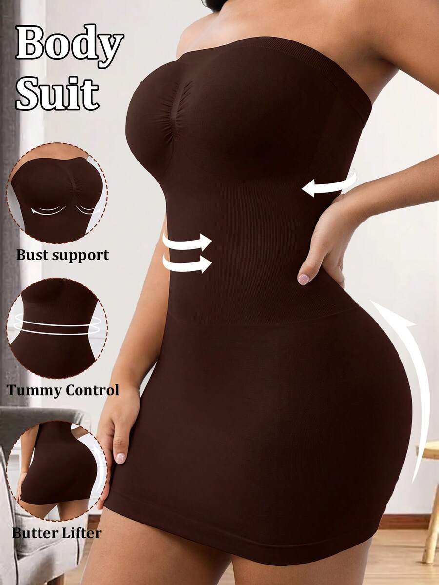Women's Seamless Body-Shaping Tummy Control Strapless Dress, Butt-Lifting - Brown - View 1