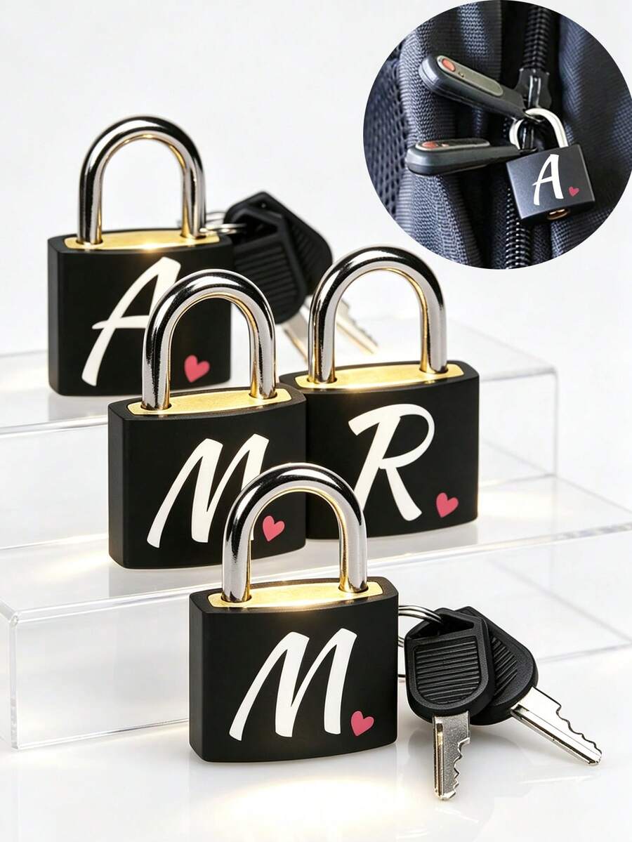 Pink Heart White Letter Pattern Portable Small Luggage Lock, Luggage Lock With 2 Keys, Black Shell Luggage Lock, Compact And Sturdy, Luggage Lock, Mini Luggage Lock, Travel Bag Metal Key Lock, Durable, Small Copper Lock With Shell, Backpack, Suitcase, Laptop Bag, Back To School, Graduation Season Gift - Multicolor - View 1