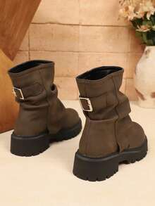 1 Pair Women's Rusty Brown Ruched Mid-Calf Boots, Y2K Hot Girl Style, Soft Comfortable PU Material, Round Toe, Platform Thick Sole, Suitable For School, Work, Commute, Shopping, Vacation, Outdoor Wear, Autumn/Winter New Style - Rust Brown - View 4