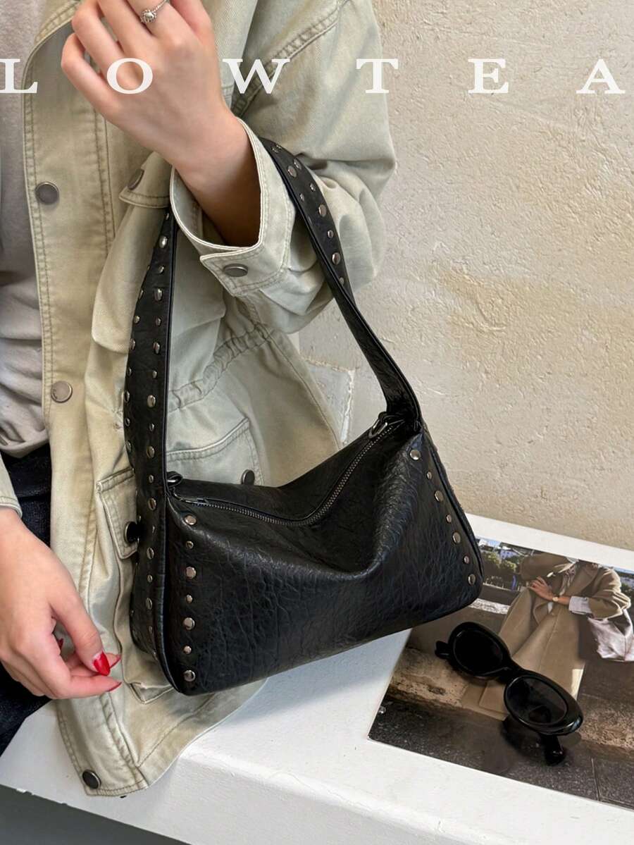 low tea حقيبة كتف من قماش PU مزينة بمسامير معدنية عصرية، قطعة واحدة، مناسبة للتنقل والتسوق والمزيد