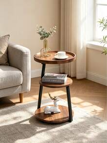 1pc 3-Tier Round Side Table, Wood Grain Tabletop With Metal Frame, Stable Structure, Space-Saving, Easy Assembly, Multi-Layer Storage End Table, Suitable For Living Room, Bedroom, Balcony And Apartment. - Multicolor - View 6