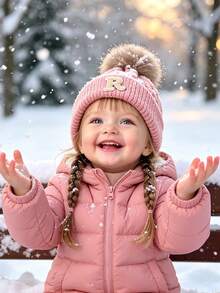 1PC Baby A-Z Letter Pink Knitted Hats Faux Fur Pom Pom Decor Cable Caps For Knit Baby Dome Hat Warm Hat Cold Weather Accessories - Pink - View 3