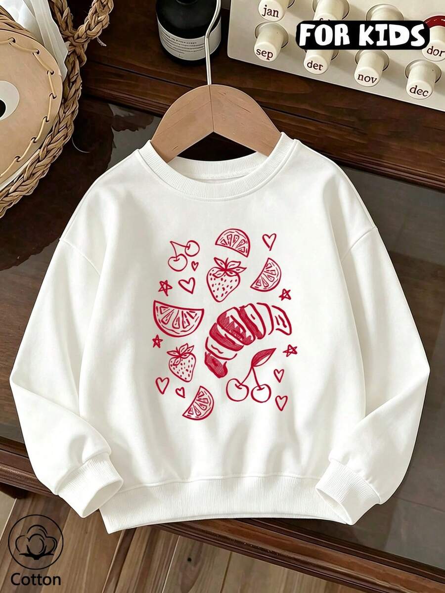 Girls Cute Line Drawing Fruit Croissant Print Crew Neck Sweatshirt, Kids Casual Long Sleeve Fleece Pullover - White - View 1