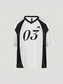 Adidas Women's TIRO TEE2 Short Sleeve Knit Collarless T-Shirt TKX0862 - Black and White - View 2