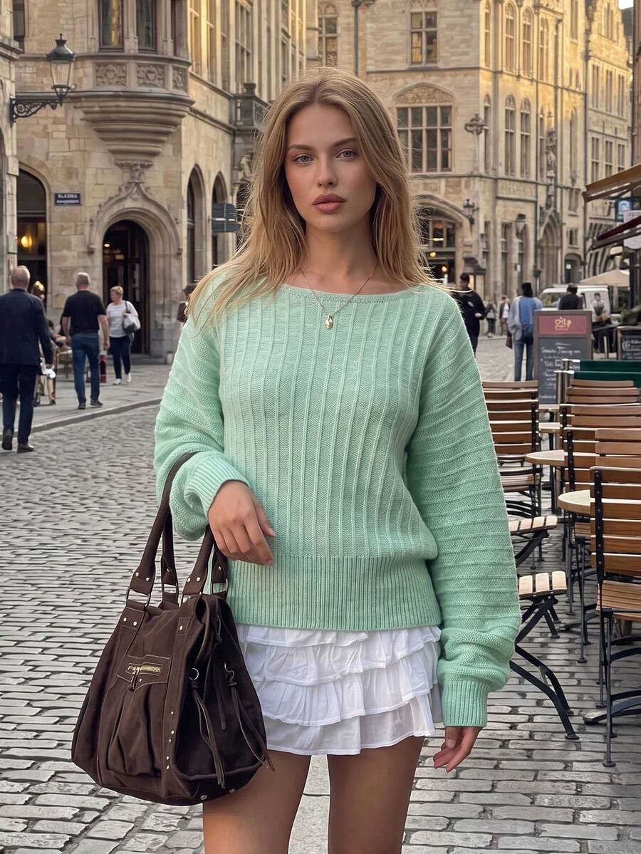 Autumn Ladies Mint Green Pullover Sweater Wide Boat Neck Oversized Puff Long Sleeve Rib Knit Halloween Costume - Mint Green - View 1