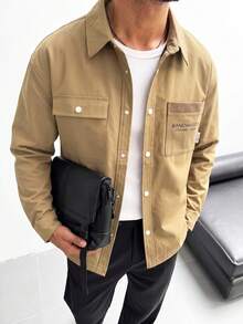 Blueprint Man 1pc Men's Khaki Lapel Jacket, Metal Snap Button Front Closure, Smooth Skin-Friendly Fabric, Lightweight And Crisp, Loose Drop Shoulder Fit, Minimalist Casual Style, Suitable For Daily Commute And Travel - Khaki - View 4